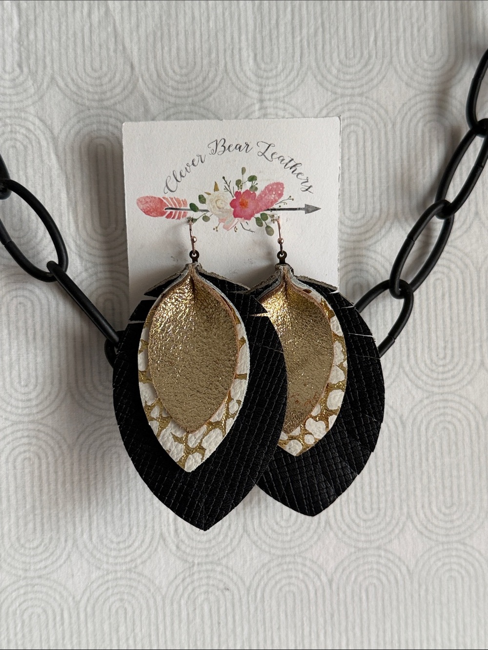 Clever Bear Leathers Gold & Black Layered Leaf Dangle Earrings